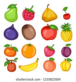 Cartoon Illustration Set of Different  Fruits and Berries. Pear, Strawberry, Watermelon, Grape, Kiwi, Apple, Pineapple, Mandarin, Orange, Cherry, Raspberry, Huckleberry, Plum, Quince, Banana, Peach