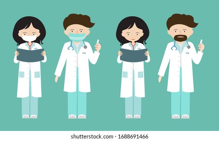 Cartoon illustration of set doctors characters. Man and woman stand in white coat and protective masks on face, isolated on green background - vector