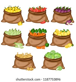 Cartoon Illustration Set of Eight Bags with Different Vegetables. Veggies in Big Brown Sacks Vector Isolated on White Background. Yellow Pepper, Jalapeno, Eggplant, Zucchini, Onion, Lettuce, Carrots