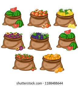 Cartoon Illustration Set of Eight Bags with Different Fruits. Fruits in Big Brown Sacks Vector Drawings Isolated on White Background. Watermelon, Peach, Pineapple, Plum, Grapes, Orange, Ximenia