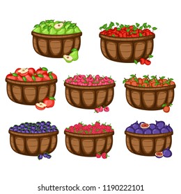 Cartoon Illustration Set of Eight Baskets with Different Fruits and Berries. Fruits and Berries in Big Containers Vector Isolated on White Background. Pear, Cherry, Apple, Strawberry, Fig, Raspberry