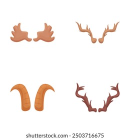 Cartoon illustration set featuring four different styles of animal horns and antlers