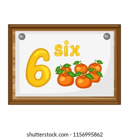 Cartoon Illustration Set of Flashcard with Fruits and Numbers on a Chalkboard.  Number Six with Mandarins