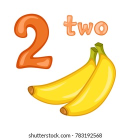 Cartoon Illustration Set of Flashcard with Fruits and Numbers. Number Two with Bananas