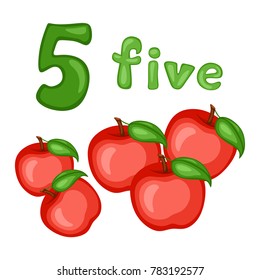 Cartoon Illustration Set of Flashcard with Fruits and Numbers. Number Five with Apples