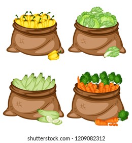 Cartoon Illustration Set of Four Bags with Different Vegetables. Veggies in Big Brown Sacks Vector Isolated on White Background. Yellow Pepper, Zucchini, Lettuce, Carrots