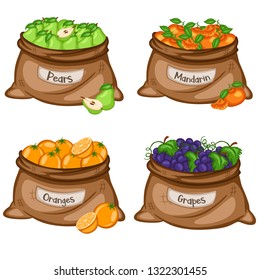 Cartoon Illustration Set of Four Bags with Different Fruits. Fruits in Big Brown Sacks Vector Isolated on White Background. Pear, Mandarin, Orange, Grapes
