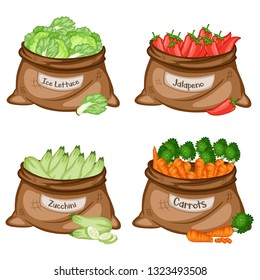Cartoon Illustration Set of Four Bags with Different Veggies. Vegetables in Big Brown Sacks Vector Isolated on White Background. Ice Lettuce, Jalapeno, Zucchini, Carrots