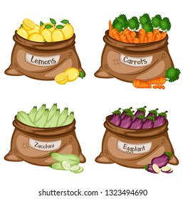 Cartoon Illustration Set of Four Bags with Different Veggies. Vegetables in Big Brown Sacks Vector Isolated on White Background. Lemon, Carrots, Zucchini, Eggplant