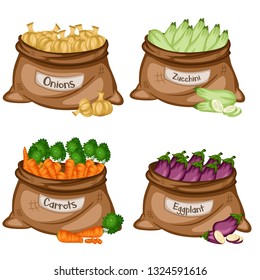 Cartoon Illustration Set of Four Bags with Different Veggies. Vegetables in Big Brown Sacks Vector Isolated on White Background. Vidalia Onion, Zucchini, Carrots, Eggplant