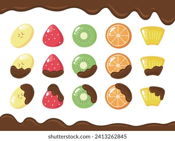 Cartoon illustration of a set of fruit and chocolate vector icons.