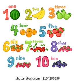 Cartoon Illustration Set of Fruit Flashcards with Numbers. Number One to Ten with Watermelon, Banana, Pears, Oranges, Apple, Mandarin, Cherries, Dewberry, Raspberry, Huckleberry