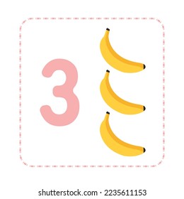 Cartoon Illustration Set of Fruit Flashcards with Numbers. Number three with banana