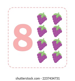 Ilustración de dibujos animados conjunto de tarjetas de flores de fruta con números. Número ocho con uva