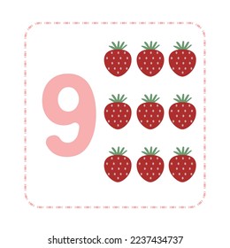 Cartoon Illustration Set of Fruit Flashcards with Numbers. Number nine with strawberry