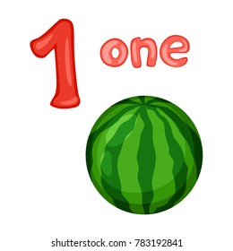 Cartoon Illustration Set of Fruit Flashcards with Numbers. Number One with Watermelon