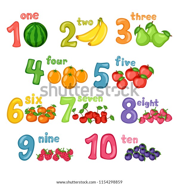 数字とフルーツフラッシュカードのカートーンイラストセット スイカ バナナ ナシ オレンジ リンゴ みかん サクラン デウベリー ラズベリー ハックルベリーの1から10番目 のベクター画像素材 ロイヤリティフリー