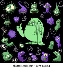 Cartoon illustration set of funny fluffy kawaii bizarre creatures gathered around one big monster