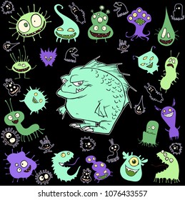 Cartoon illustration set of funny fluffy kawaii bizarre creatures gathered around one big monster