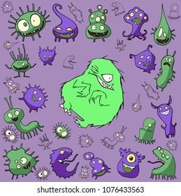 Cartoon illustration set of funny fluffy kawaii bizarre creatures gathered around one big monster
