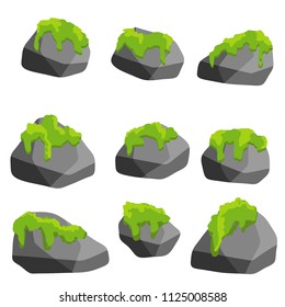 Cartoon illustration - set of gray granite stones. nature is a background element. rock structure. green vegetation. forest and mountain environment. soft moss
