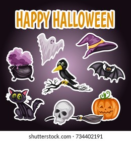 Cartoon Illustration Set of Halloween Items and Animals Stickers. Witch Hat, Cauldron, Raven, Cat, Bat, Skull, Broom and Jack O' Lantern Pumpkin