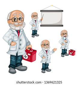 Cartoon Illustration Set of an Old Doctor in Different Positions. Doctor Professor Holding a Magnifying Glass, First Aid Kit and Pointer