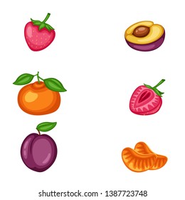 Cartoon Illustration Set of Tasty Fruits Isolated on White Background. Matching Children Educational Activity Game. Match Parts of Cartoon Fruits. Strawberry, Plum, Mandarin