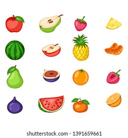 Cartoon Illustration Set of Tasty Fruits Isolated on White Background. Matching Children Educational Activity Game. Match Parts of Cartoon Fruits.Apple, Pear, Strawberry, Fig, Orange, Mandarin,