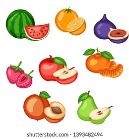 Cartoon Illustration Set of Tasty Fruits Isolated on White Background. Vector Drawings of Cut Fruits, Watermelon, Orange, Fig, Mandarin, Pineapple, Strawberry, Apple, Peach, Pear