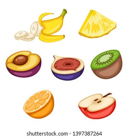 Cartoon Illustration Set of Tasty Fruits Isolated on White Background. Vector Drawings of Cut Fruits, Banana,  Pineapple, Fig, Orange, Apple, Kiwi