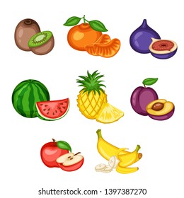 Cartoon Illustration Set of Tasty Fruits Isolated on White Background. Vector Drawings of Cut Fruits, Watermelon, Mandarin, Fig, Kiwi, Pineapple, Plum, Apple, Pear