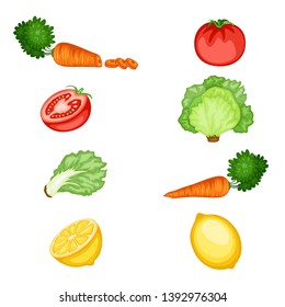 Cartoon Illustration Set of Tasty Veggies Isolated on White Background. Matching Children Educational Activity Game. Match Parts of Cartoon Vegetables. Lettuce, Tomato, Lemon, Carrot
