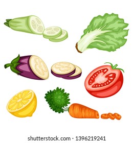 Cartoon Illustration Set of Tasty Veggies Isolated on White Background. Vector Drawings of Cut Vegetables. Zucchini, Eggplant, Tomato, Lemon, Carrot, Ice Lettuce