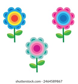 cartoon illustration, set of three multicolored flowers, isolated object on a white background, vetor, eps