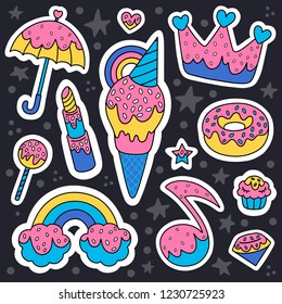 Cartoon illustration set of umbrella, pomade, ice cream, crown, star, donut, cupcake and other. Design for embroidery, sticker or pin