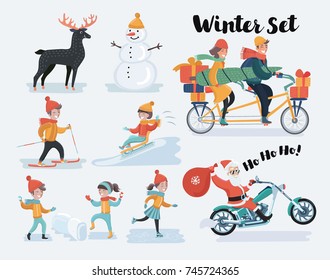 Cartoon illustration set of winter and christmas people set. Kids, Santa on motorbike, kids play in snow, deer, snowman, couple on bike. Characters on white background.