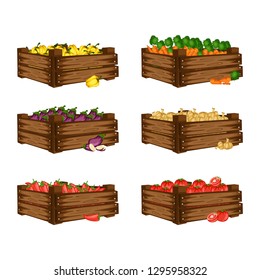 Cartoon Illustration Set of - Wooden Boxes with Different Vegetables. Veggies in Big Containers Vector Isolated on White Background. 