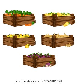 Cartoon Illustration Set of - Wooden Boxes with Different Vegetables. Veggies in Big Containers Vector Isolated on White Background. 