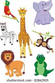 Cartoon illustration of seven cute safari animals - Giraffe, Crocodile, Zebra, Elephant, Parrot, Lion and Monkey