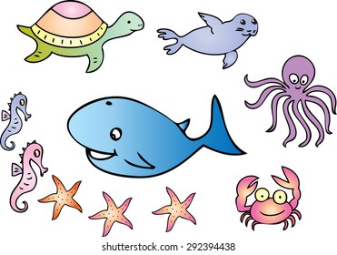 A cartoon illustration of several sea creatures including seahorse,whale,turtle,seal,octopus,crab and starfish.