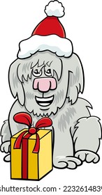 Cartoon illustration of shaggy dog animal character with gift on Christmas time