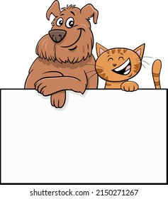 Cartoon illustration of shaggy dog and cat with blank card or board template graphic design