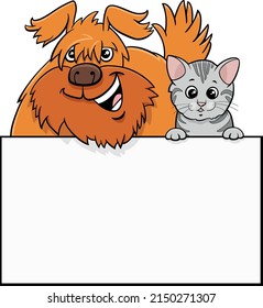 Cartoon illustration of shaggy dog and kitten with blank card or board template graphic design