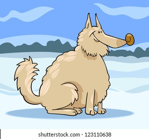Cartoon Illustration of Shaggy Purebred Eskimo Dog or Spitz or Sheepdog against Winter Rural Scene with Snow