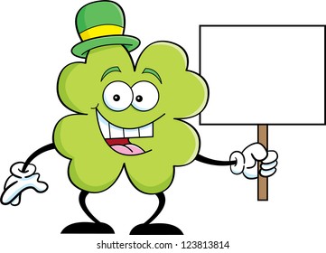 Cartoon illustration of a shamrock holding a sign.