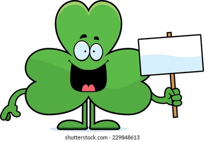 A cartoon illustration of a shamrock holding a sign.