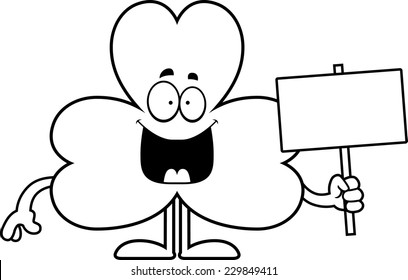 A cartoon illustration of a shamrock holding a sign.