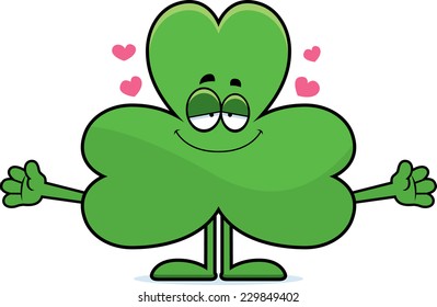 A cartoon illustration of a shamrock ready to give a hug.