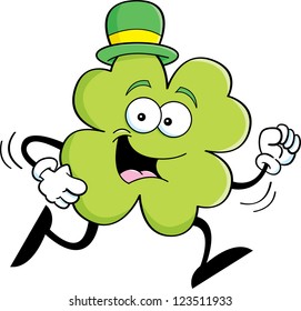 Cartoon illustration of a shamrock running and wearing a derby hat.